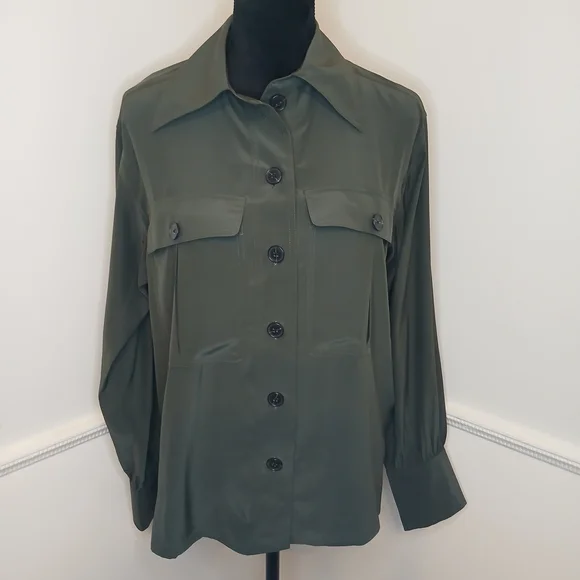 Madewell $168 Dark Green Silk Utility Button-Up Shirt Women's Size S NWT - Picture 4 of 9